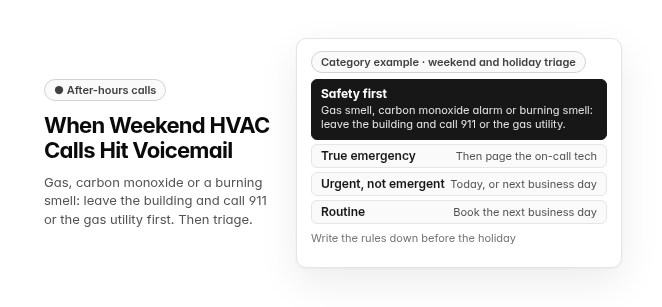 Title "When Weekend HVAC Calls Hit Voicemail" with the line "Gas, carbon monoxide or a burning smell: leave the building and call 911 or the gas utility first. Then triage." beside a card labeled "Category example · weekend and holiday triage". The first row, in black, reads "Safety first" over "Gas smell, carbon monoxide alarm or burning smell: leave the building and call 911 or the gas utility." Below it: true emergency, then page the on-call tech; urgent, not emergent, today or the next business day; routine, book the next business day. A note says to write the rules down before the holiday.