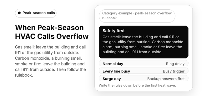 Title "When Peak-Season HVAC Calls Overflow" with the line "Gas smell: leave the building and call 911 or the gas utility from outside. Carbon monoxide, a burning smell, smoke or fire: leave the building and call 911 from outside. Then follow the rulebook." beside a card labeled "Category example · peak-season overflow rulebook". The first row, in black, reads "Safety first" over "Gas smell: leave the building and call 911 or the gas utility from outside. Carbon monoxide alarm, burning smell, smoke or fire: leave the building and call 911 from outside." Below it: normal day, ring delay; every line busy, busy trigger; surge day, backup answers first. A note says to write the rules down before the first heat wave.