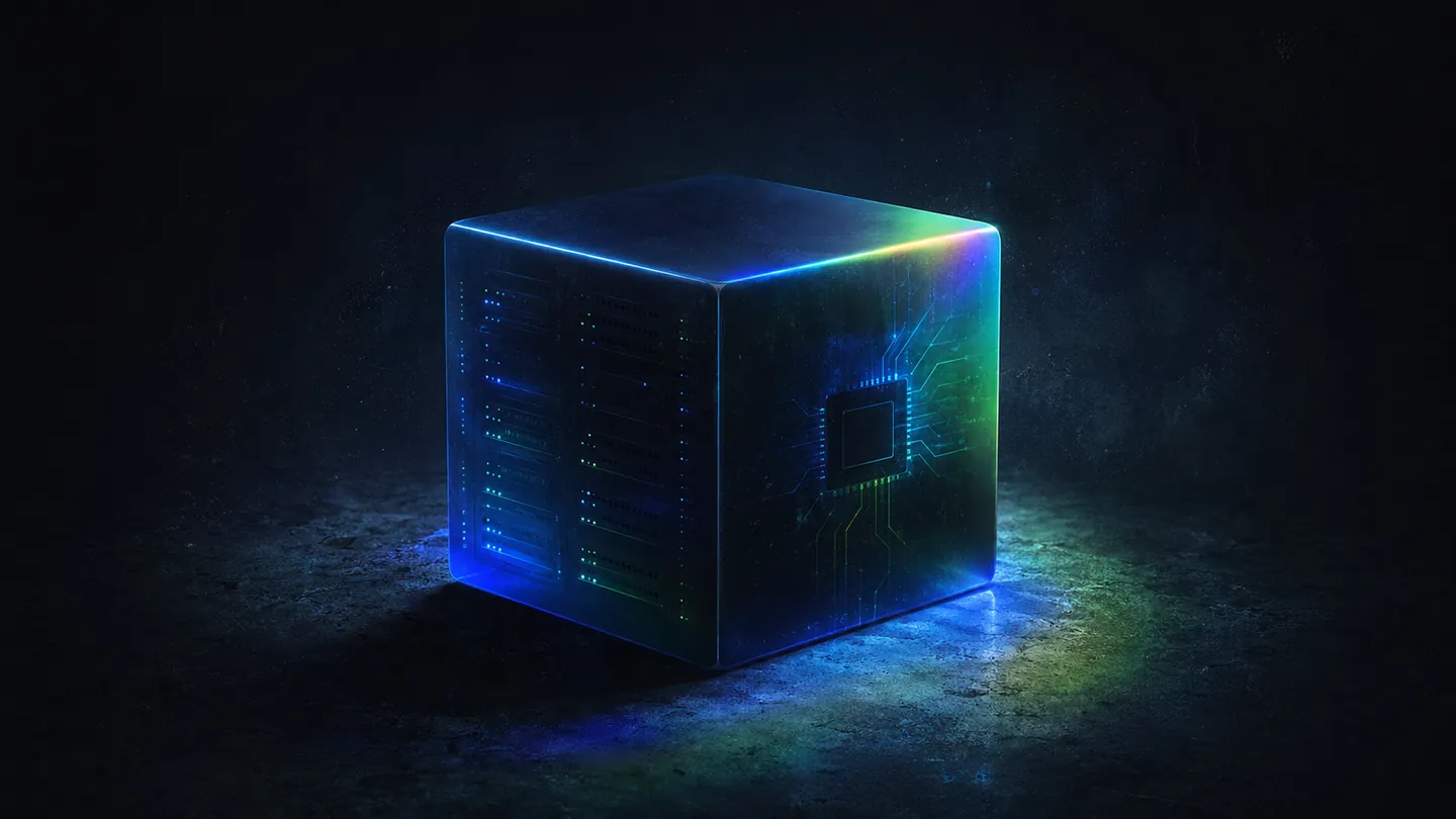 A glowing cube with server-rack faces and a processor die etched into its side.