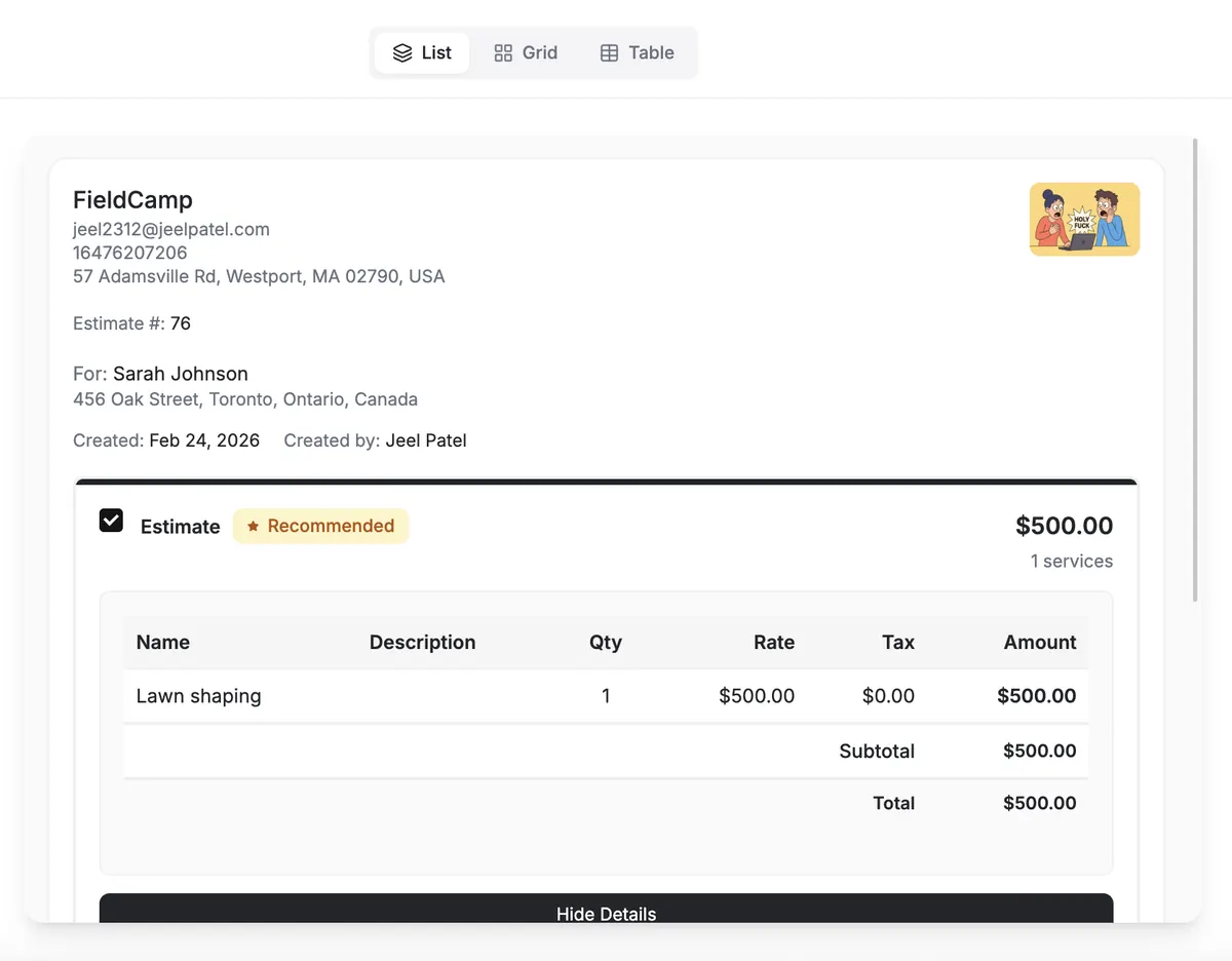 A FieldCamp estimate document with line items and a recommended option.