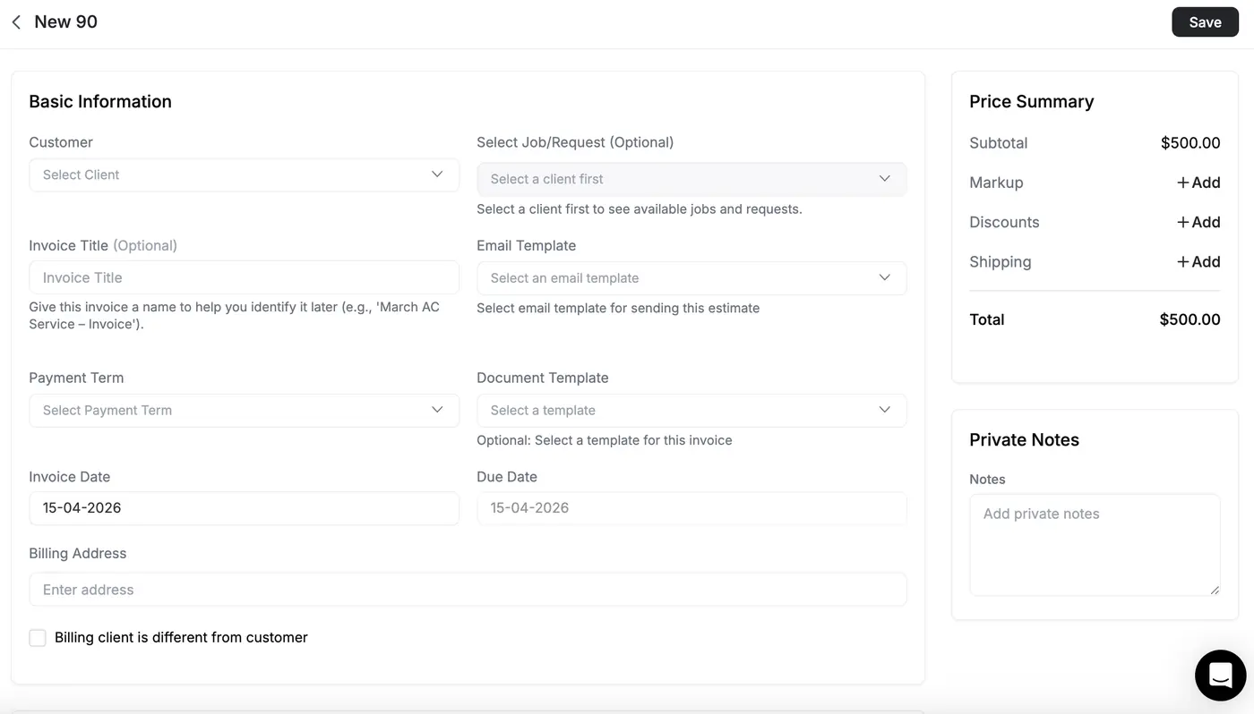The invoice editor on the same job — customer, terms, and a price summary.